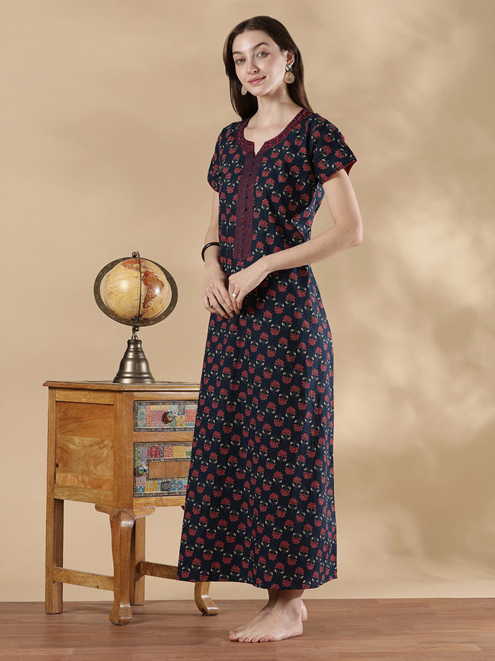 Indigo floral print pure cotton floral night dress for women