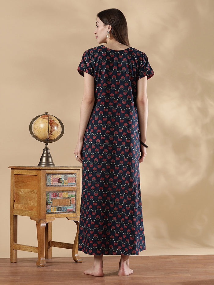 Indigo floral print pure cotton summer night dress for women
