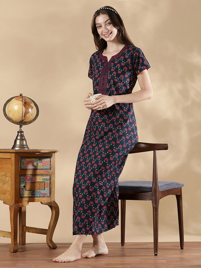 Indigo floral print pure cotton summer night dress for women