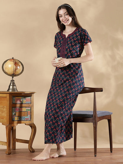 Indigo floral print pure cotton summer night dress for women
