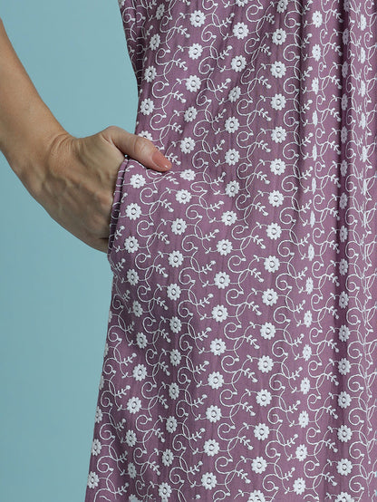 Floral print pure cotton chikankari light purple womens nighty