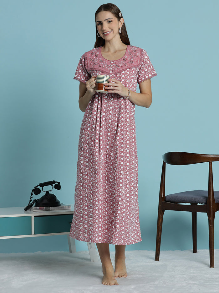 Rose pink chikankari pure cotton nighty for women