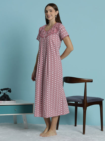 Rose pink chikankari pure cotton nighty for women
