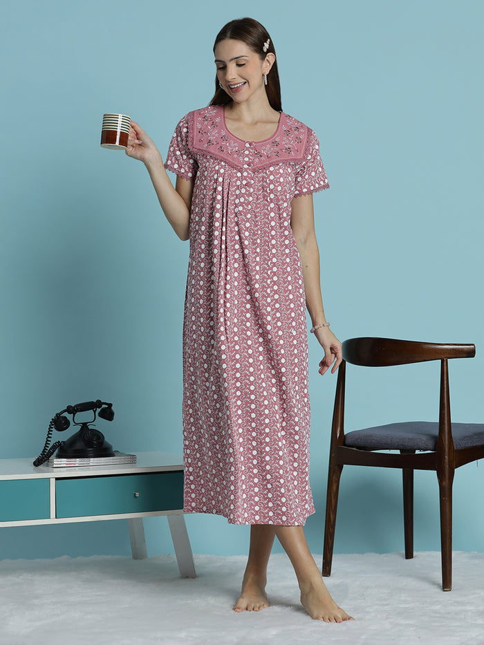 Rose pink chikankari pure cotton nighty for women