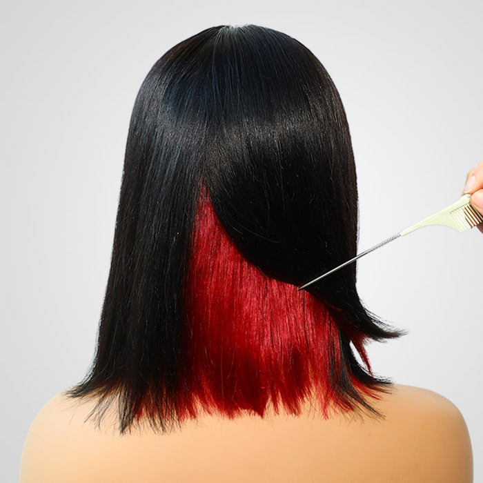 human hair bob wig with red peekaboo highlights
