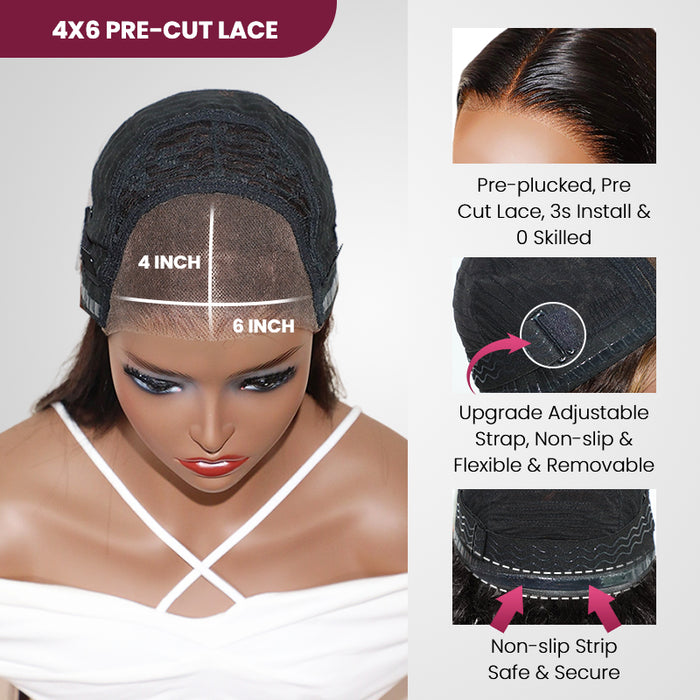 QVR Gluless Pre-cut 4x6 HD Lace Closure Human Hair Wigs Straight Piano Highlights Ombre Hair Wear and Go Wigs