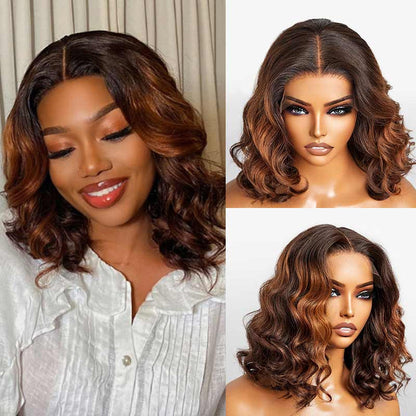 loose wave ombre brown short bob wigs, glueless T part lace human hair bob wigs