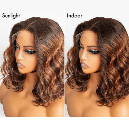 glueless short bob wigs for Black women, loose wave human hair bob wigs with ombre brown color