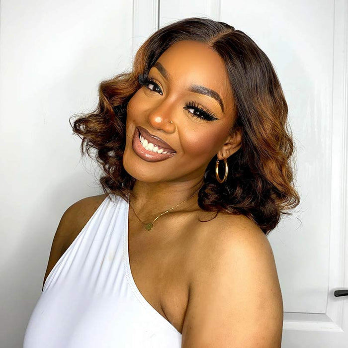 natural loose wave short bob wigs, ombre brown human hair T part lace bob wig