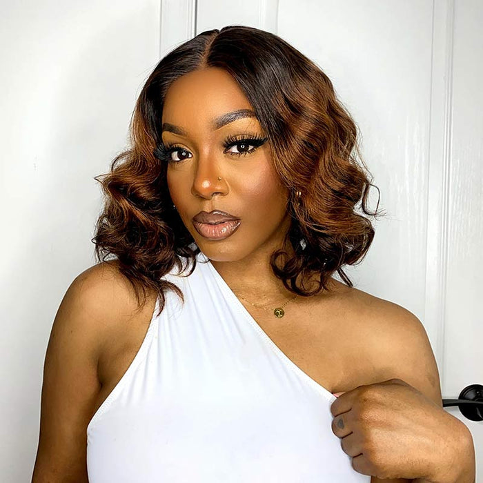 elegant T part lace closure bob wigs, loose wave human hair bob wigs with brown highlights