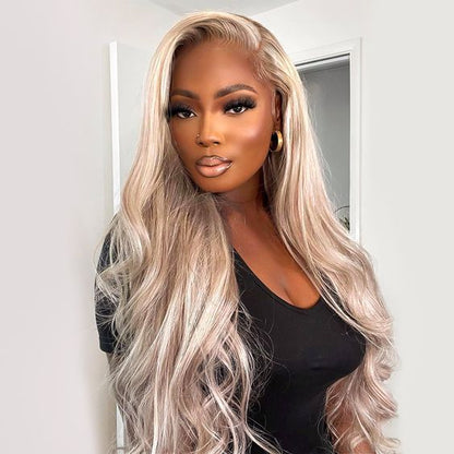 blonde and brown highlights on qvr human hair wigs, perfect for a vibrant, layered look.
