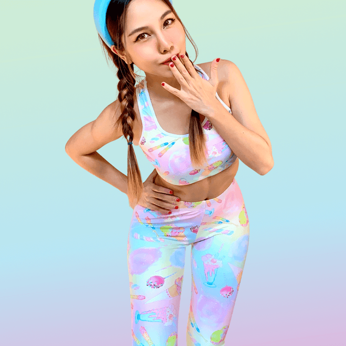 Rainbow Candy kawaii leggings in pastel rainbow with cake pops and cotton candy clouds