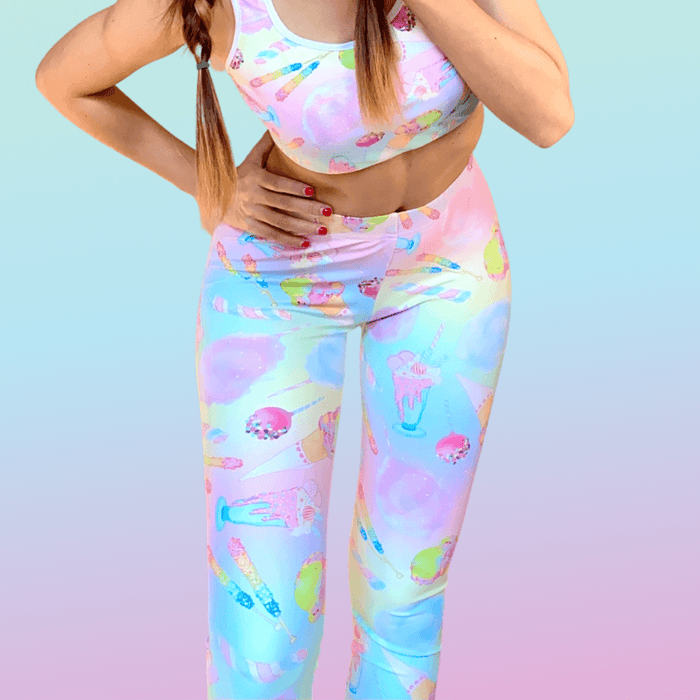 Rainbow Candy kawaii leggings in pastel rainbow with rock candy sticks and cotton candy clouds
