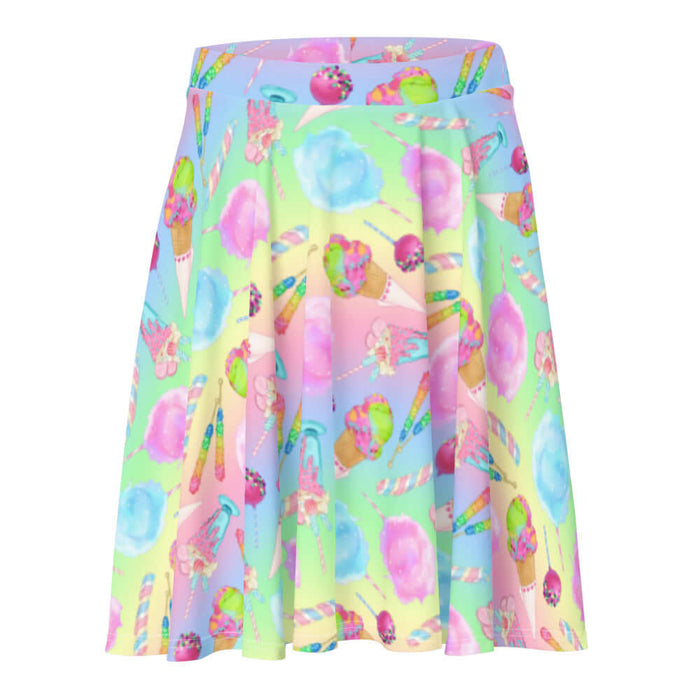 Rainbow Candy kawaii skater skirt in pastel rainbow with whipped parfaits and rock candy sticks