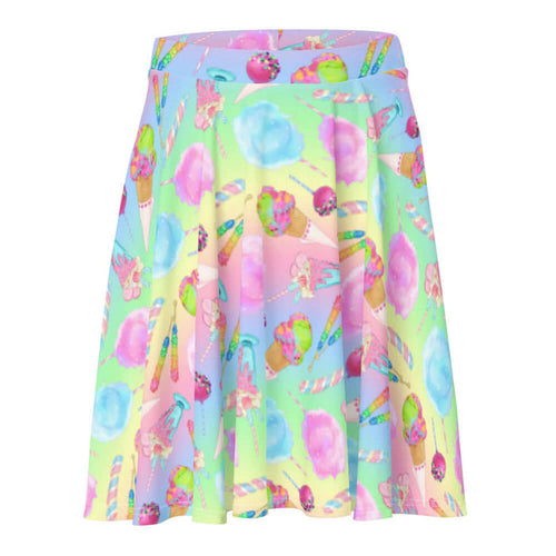Rainbow Candy kawaii skater skirt in pastel rainbow with whipped parfaits and rock candy sticks