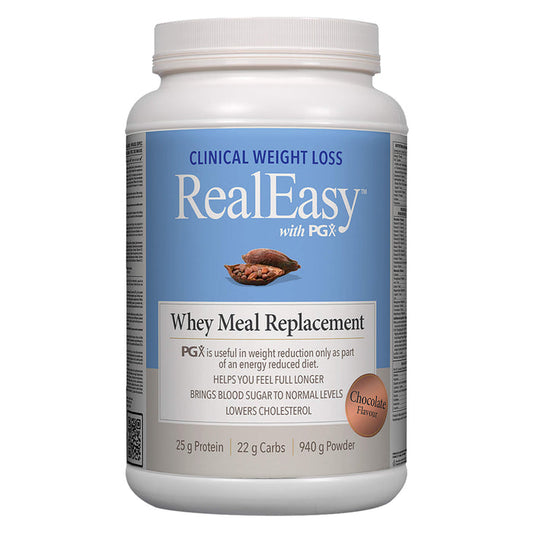 Tub of Natural Factors RealEasy with PGX Whey Meal Replacement Chocolate Flavour 25g Protein 940g Powder