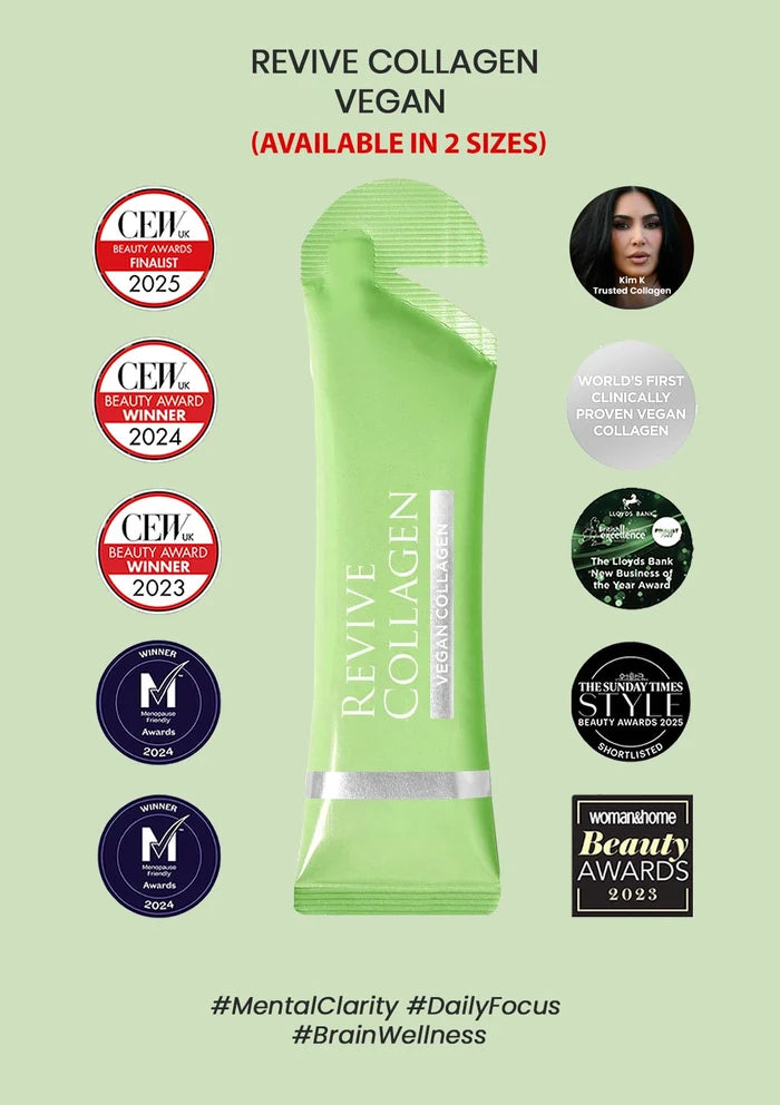 Revive Collagen Vegan package with awards and product details on a light green background