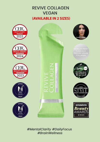 Revive Collagen Vegan package with awards and product details on a light green background