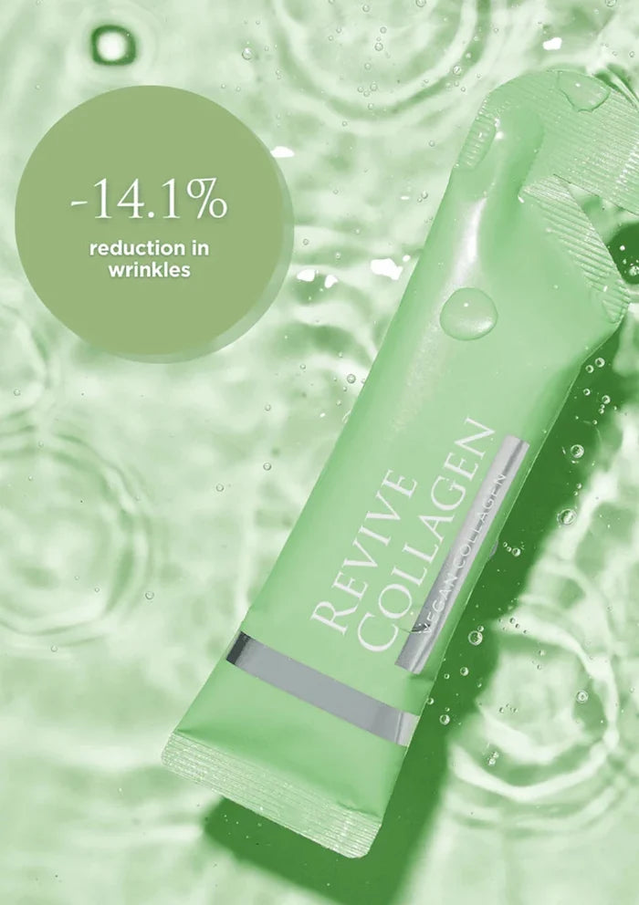 Green skincare product with 'Revive Collagen' text on a water droplet background