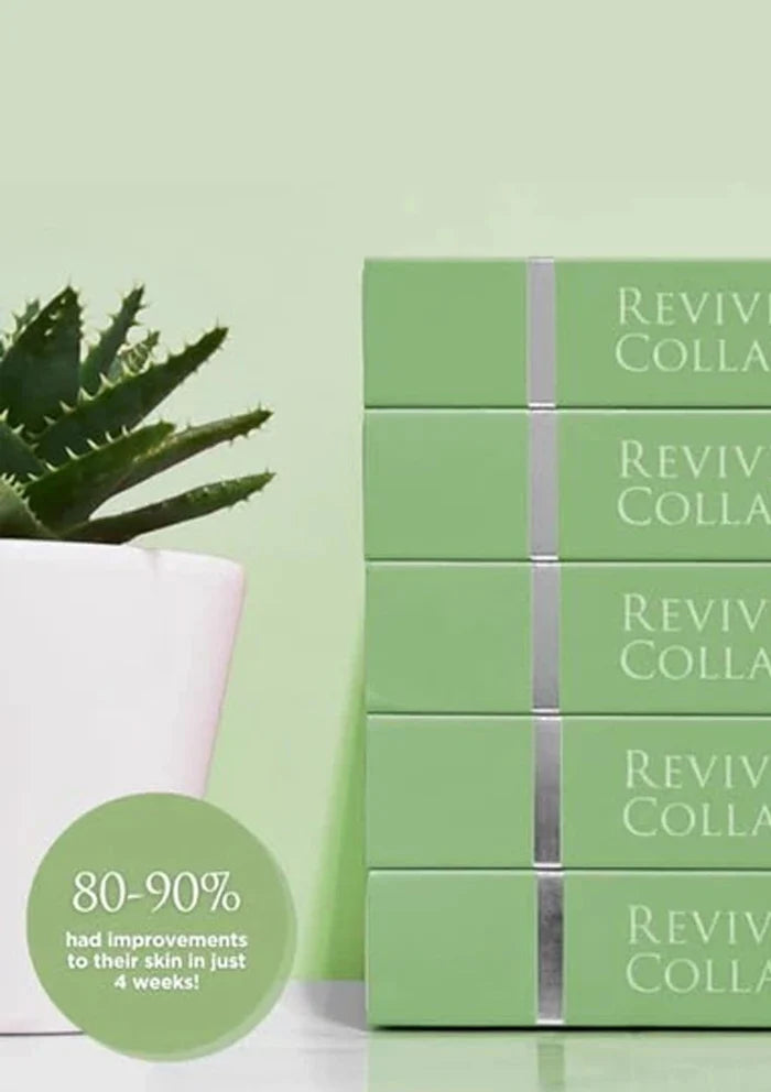 Stack of green Reviva Collagen boxes with a potted plant on a light green background