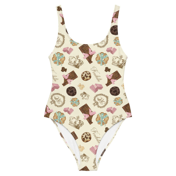 Royal Cookie kawaii one-piece swimsuit in vanilla cream with vanilla bear cookies and gold crowns