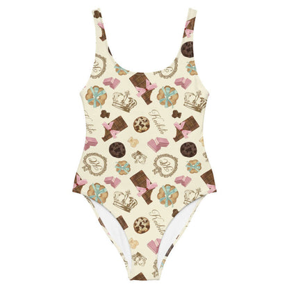 Royal Cookie kawaii one-piece swimsuit in vanilla cream with vanilla bear cookies and gold crowns