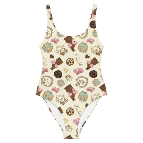 Royal Cookie kawaii one-piece swimsuit in vanilla cream with vanilla bear cookies and gold crowns