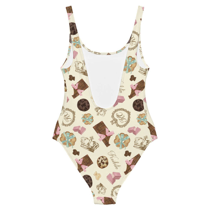 Royal Cookie kawaii one-piece swimsuit in vanilla cream with milk-chocolate bars and pink satin bows