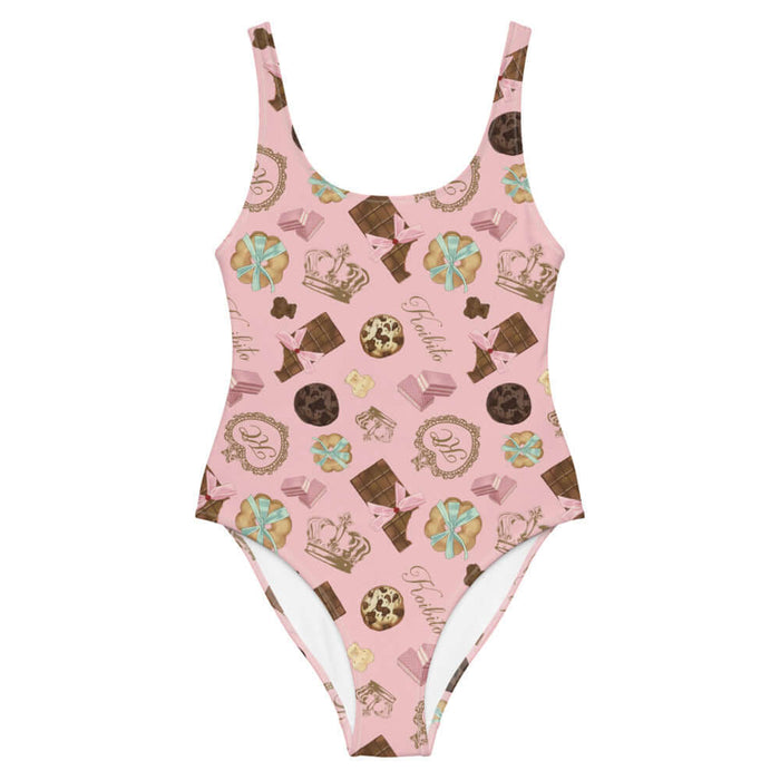 Royal Cookie kawaii one-piece swimsuit in strawberry pink with chocolate-chip cookies and strawberry wafers