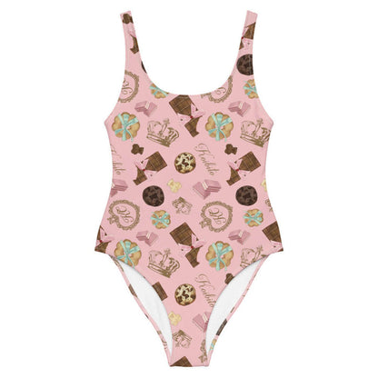 Royal Cookie kawaii one-piece swimsuit in strawberry pink with chocolate-chip cookies and strawberry wafers