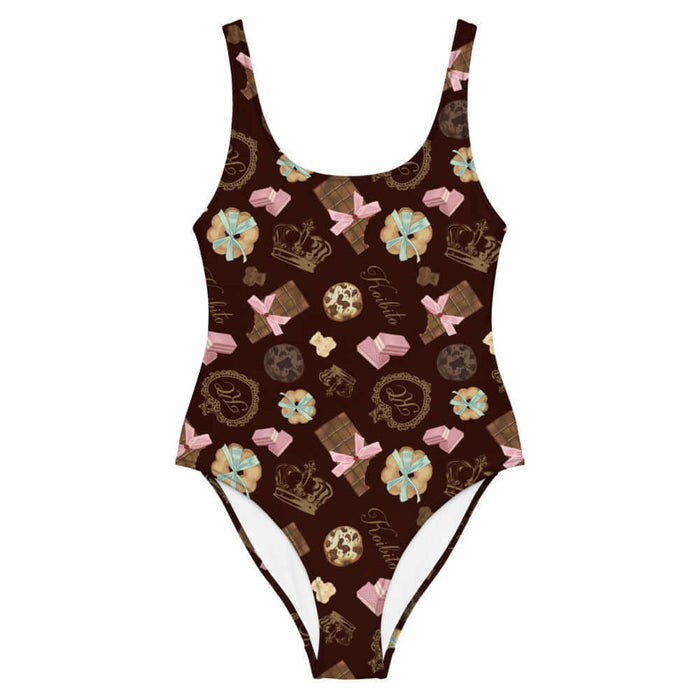 Royal Cookie kawaii one-piece swimsuit in vanilla cream with strawberry wafers and ribbon-tied cookies