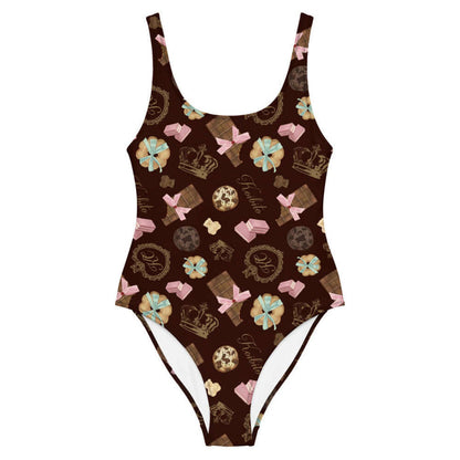 Royal Cookie kawaii one-piece swimsuit in vanilla cream with strawberry wafers and ribbon-tied cookies