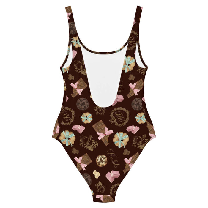 Royal Cookie kawaii one-piece swimsuit in milk chocolate with ribbon-tied cookies and cocoa truffles