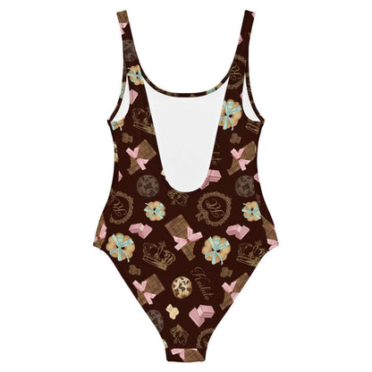 Royal Cookie kawaii one-piece swimsuit in milk chocolate with ribbon-tied cookies and cocoa truffles