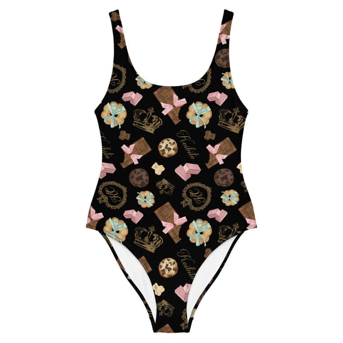 Royal Cookie kawaii one-piece swimsuit in vanilla cream with chocolate bear cookies and gold crowns