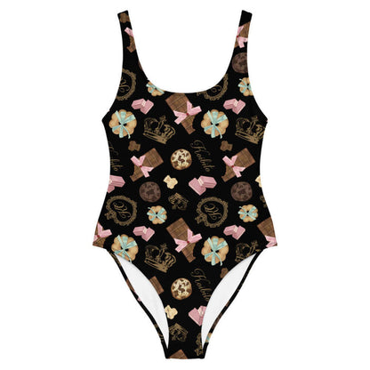 Royal Cookie kawaii one-piece swimsuit in vanilla cream with chocolate bear cookies and gold crowns