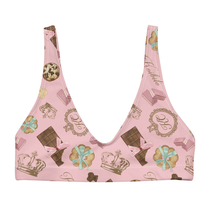Royal Cookie kawaii padded bikini top in vanilla cream with gilded monogram crests and pink bows