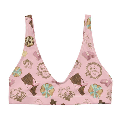 Royal Cookie kawaii padded bikini top in vanilla cream with gilded monogram crests and pink bows