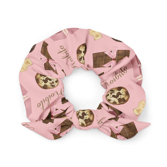 Royal Cookie kawaii scrunchie in strawberry pink with chocolate-chip cookies and strawberry wafers