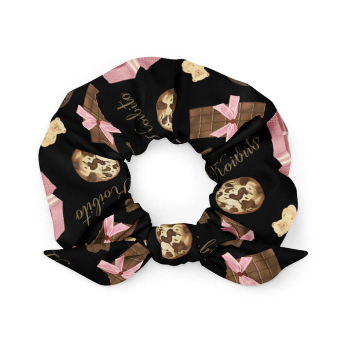 Royal Cookie kawaii scrunchie in vanilla cream with chocolate bear cookies and gold crowns