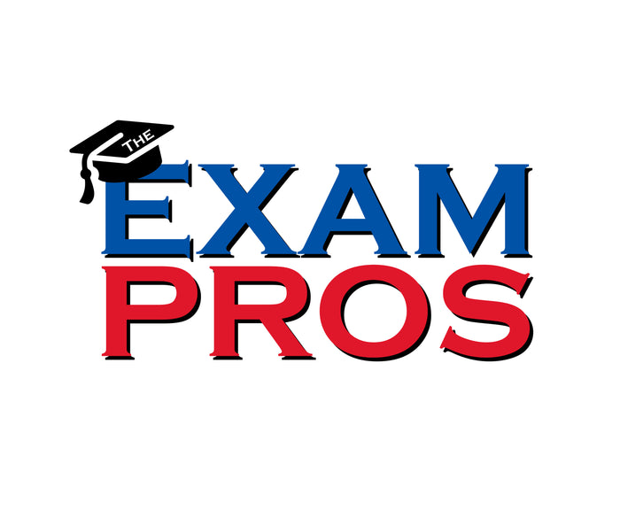Logo of The Exam Pros with the text in blue and red and a black graduation cap on the letter E