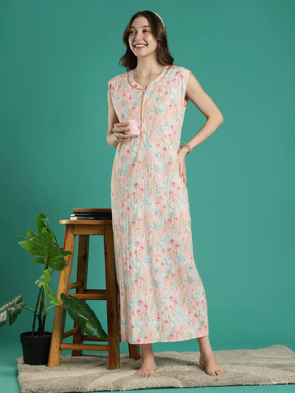 Pastel peach floral sleeveless bamboo cotton womens nighty