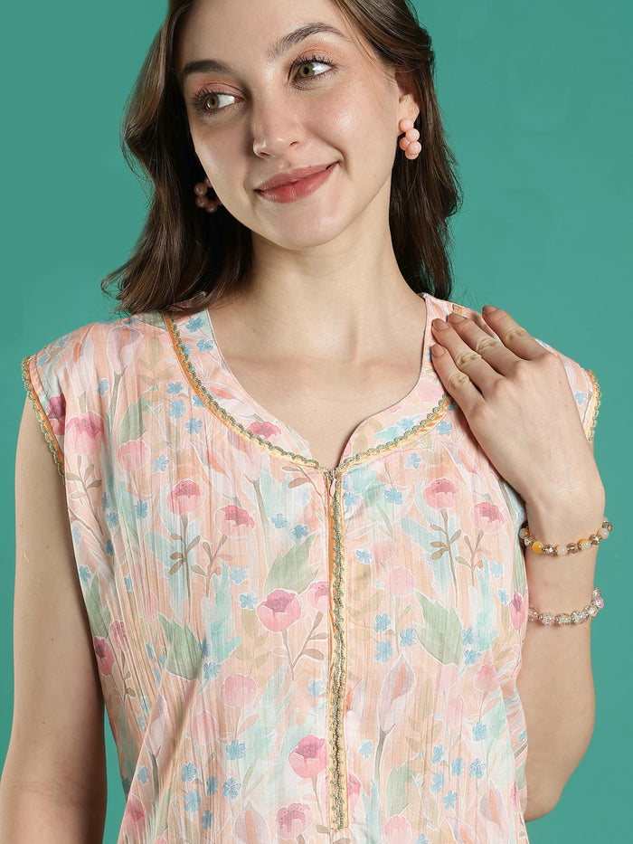 Pastel peach floral sleeveless bamboo cotton womens nighty