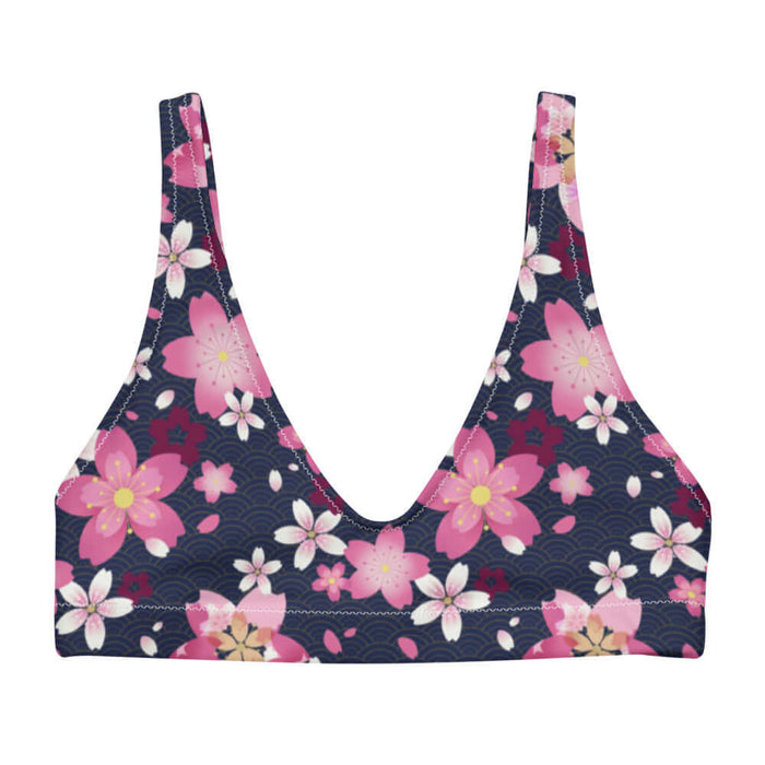 Sakura kawaii padded bikini top in pink with a single layered bloom and drifting petals