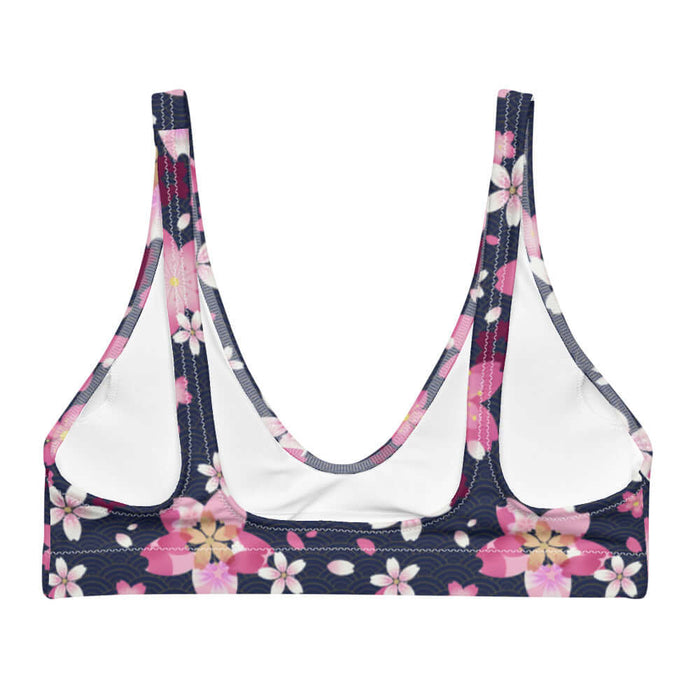 Sakura kawaii padded bikini top in pink with cherry blossoms and rolling gold waves
