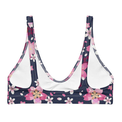 Sakura kawaii padded bikini top in pink with cherry blossoms and rolling gold waves
