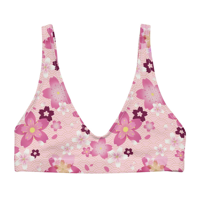 Sakura kawaii padded bikini top in pink with hot-pink cherry blossoms and gold seigaiha waves