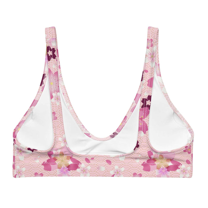 Sakura kawaii padded bikini top in pink with wine-dark blossoms and pale blossom clusters