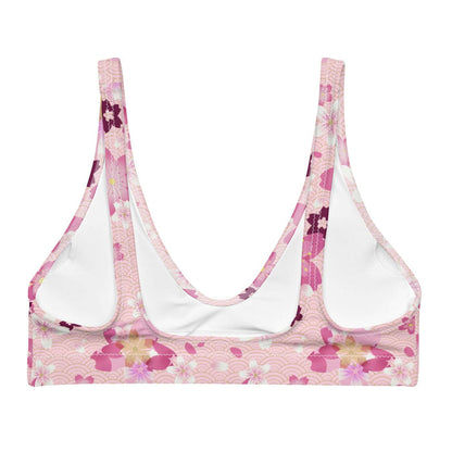 Sakura kawaii padded bikini top in pink with wine-dark blossoms and pale blossom clusters