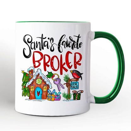 Santa's Favorite Broker Personalized Mug, Real Estate Agent Gift with Custom Name Personalized Ceramic Mug OrnamentallyYou Green Handle Non-Custom
